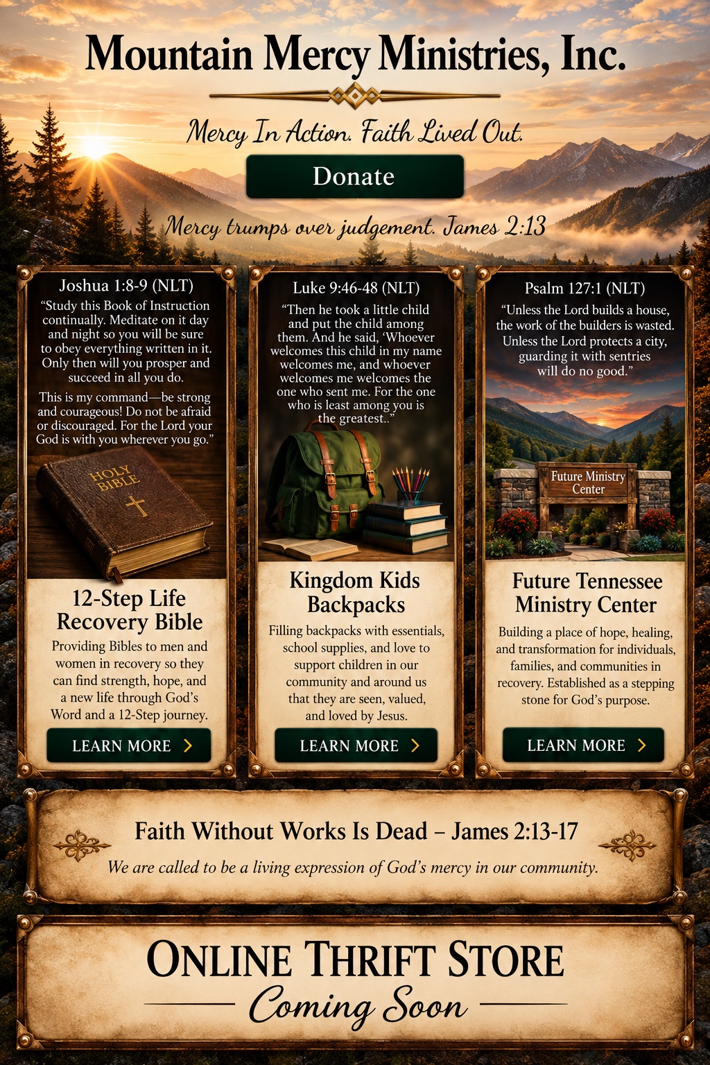 Mountain Mercy Ministries homepage showing the ministry mission, three outreach programs, faith statement, and online thrift store coming soon.